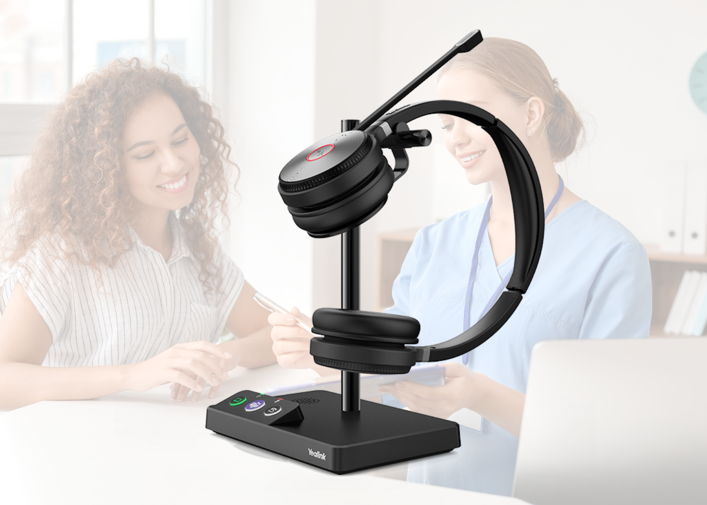 photo-smiling-dentist-standing-with-arms-crossed-with-her-colleague with W462 headset in foreground